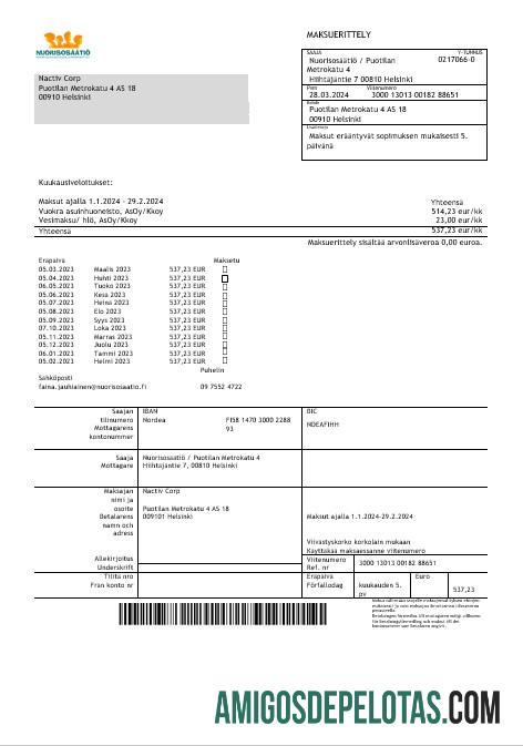 Em branco modelo de projeto de lei de negócios da Fundação Nuorisosäätiö da Finlândia em formatos Word1